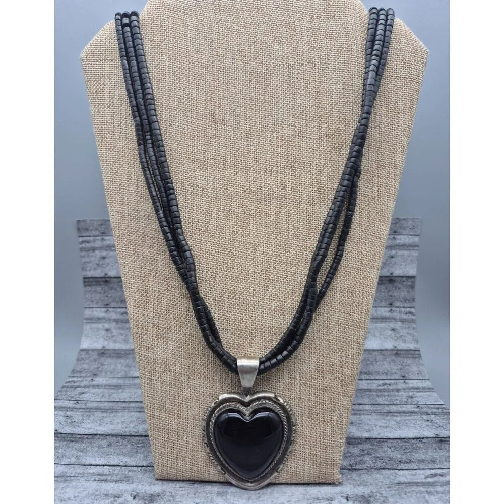 Multi Strand Bead Necklace Silver Tone Black Large Heart Pendant Whimsigoth